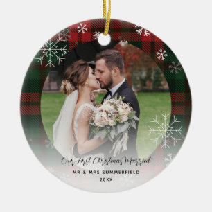 Adorno De Cerámica Sr. y Sra. First Christmas Plaid Rustic Holiday