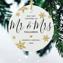 Adorno De Cerámica Sr. y Sra. Gold Snowflake Nuestros primeros Navida
