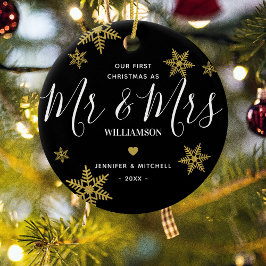 Adorno De Cerámica Sr. y Sra. Gold Snowflake Nuestros primeros Navida