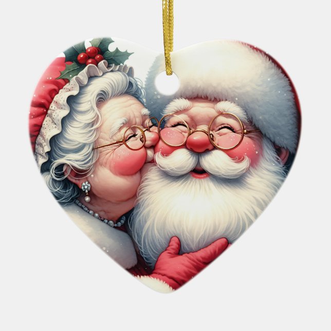 Adorno De Cerámica Sra. Clause Kissing Santa Navidades personalizados (Frente)