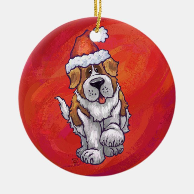 Adorno De Cerámica St. Bernard Christmas On Red (Frente)