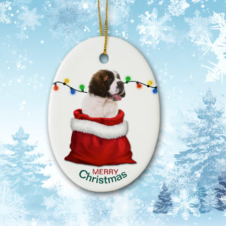 Adorno De Cerámica St Bernard Puppy Dog in Holiday Gift Bag
