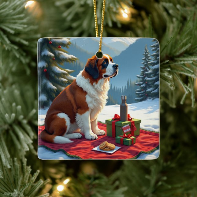 Adorno De Cerámica St. Bernard Winter Picnic Christmas Painting (Árbol)