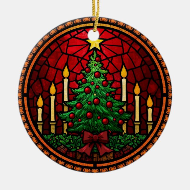 Adorno De Cerámica Stained Glass Christmas Tree & Candles (Frente)