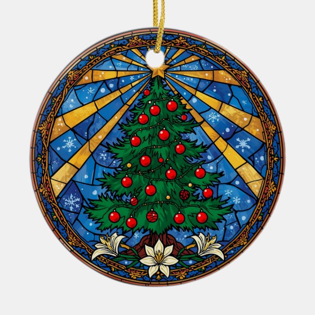 Adorno De Cerámica Stained Glass Christmas Tree & Lilies (Frente)