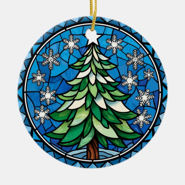 Adorno De Cerámica Stained Glass Evergreen Snowflakes Art (Frente)