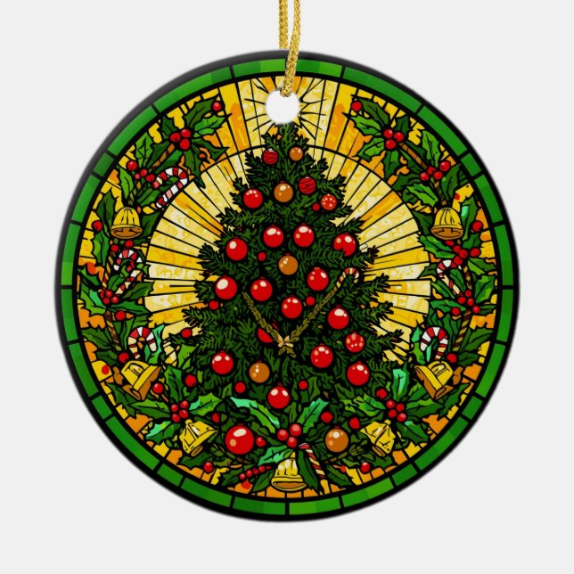 Adorno De Cerámica Stained Glass Holly & Bells Tree (Frente)
