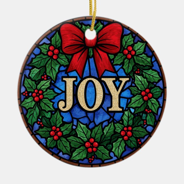 Adorno De Cerámica Stained Glass Holly Wreath JOY (Frente)