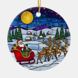 Adorno De Cerámica Stained Glass Santa & Reindeer Sleigh Ride