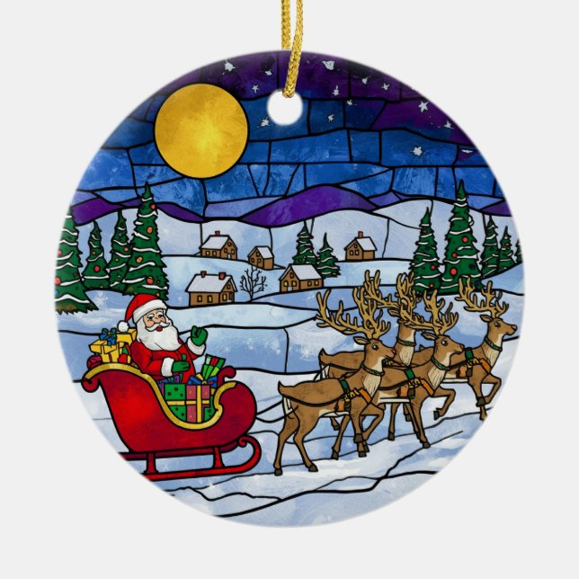 Adorno De Cerámica Stained Glass Santa & Reindeer Sleigh Ride (Frente)