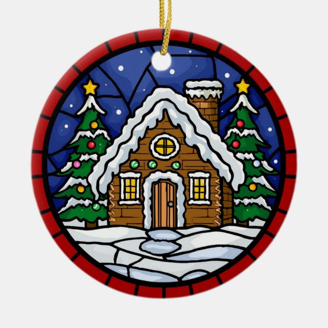 Adorno De Cerámica Stained Glass Snowy Cabin (Frente)