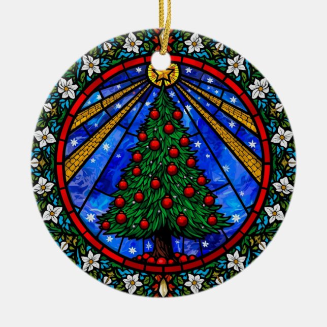 Adorno De Cerámica Stained Glass Tree & Floral Border (Frente)