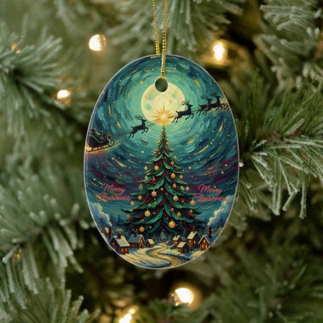 Adorno De Cerámica Starry Night Christmas Oval Santa (Árbol)