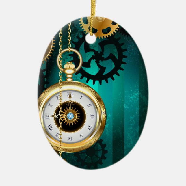 Adorno De Cerámica Steampunk Jewelry Watch sobre un fondo verde (Frente)
