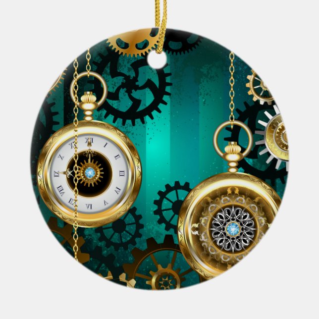 Adorno De Cerámica Steampunk Jewelry Watch sobre un fondo verde (Frente)