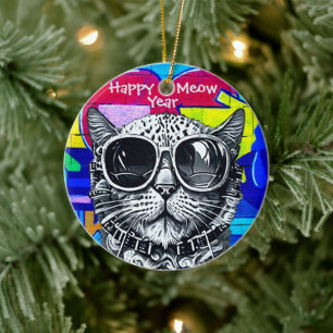 Adorno De Cerámica Steampunk Meow Year Delight: Gato de Guay con somb