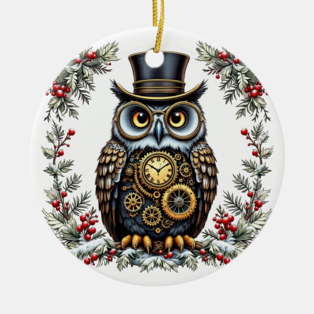 Adorno De Cerámica Steampunk Weihnachts-Eule (Frente)