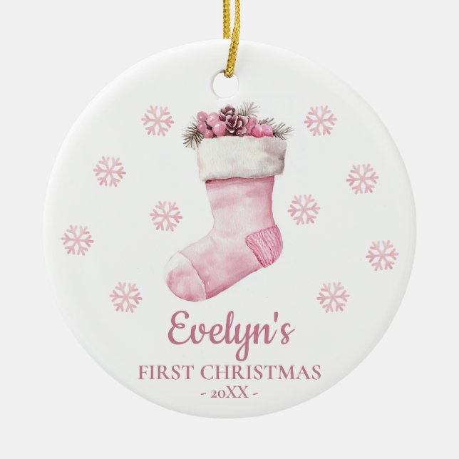 Adorno De Cerámica Stocking Personalized Girl's First Christmas (Frente)