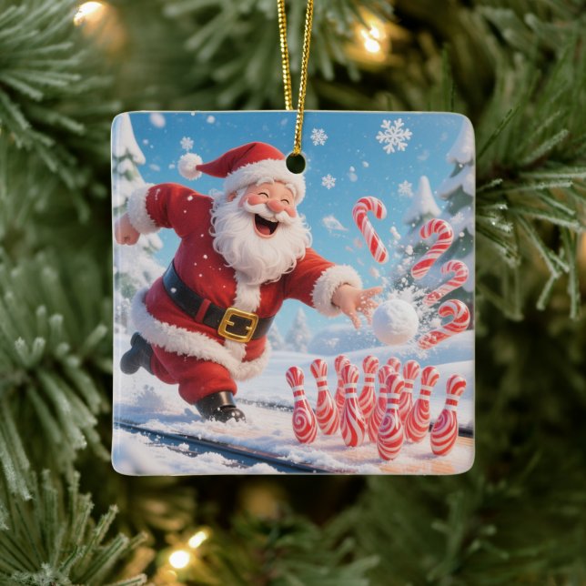 Adorno De Cerámica Striking Santa Bowling Candy Cane Lane Personalize (Árbol)