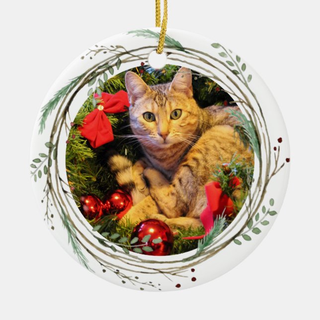 Adorno De Cerámica Su foto de gato acuarela Primera Navidad (Frente)