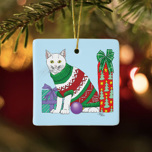 Adorno De Cerámica Suéter feo divertido y sarcástico de Navidad gato 