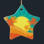 Adorno De Cerámica Sunset Beach diseño de surf tropical retro<br><div class="desc">Con el diseño de una playa tropical retro al atardecer con palmeras. Este surf de diseño está decorado en tonos rojos,  naranjas y amarillos y recuerda a un balneario tropical en verano. Para los amantes del sol,  el surf,  la arena y las puestas de sol tropicales.</div>