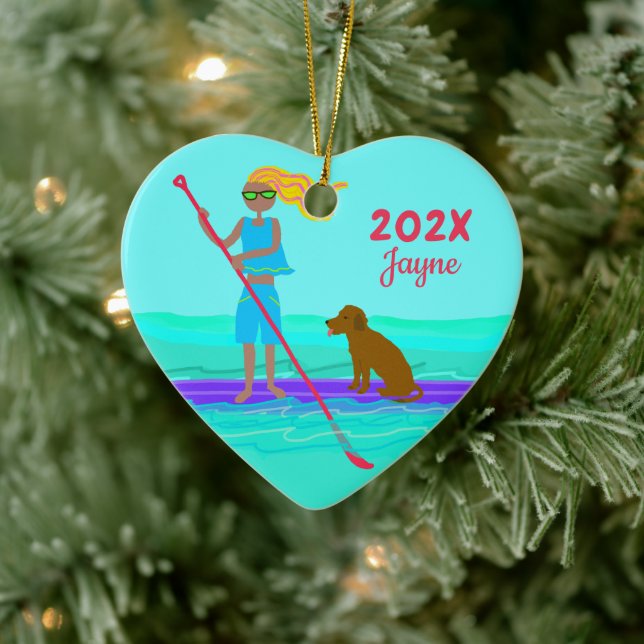 Adorno De Cerámica SUP Chica Dog Paddleboard Navidades (Árbol)