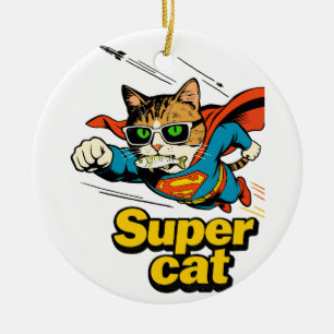 Adorno De Cerámica Super Gato Vuela con Pescado