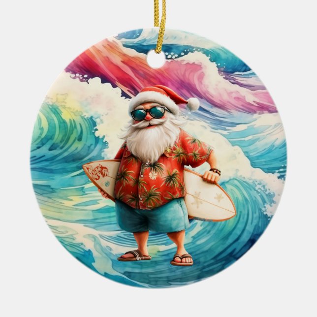 Adorno De Cerámica Surfing Christmas with Santa Claus surfer  (Frente)