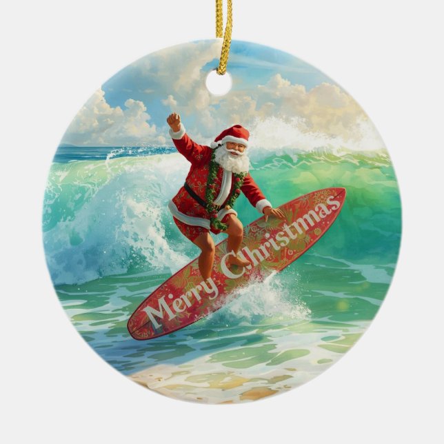 Adorno De Cerámica Surfing Christmas with Santa Claus surfer  (Frente)