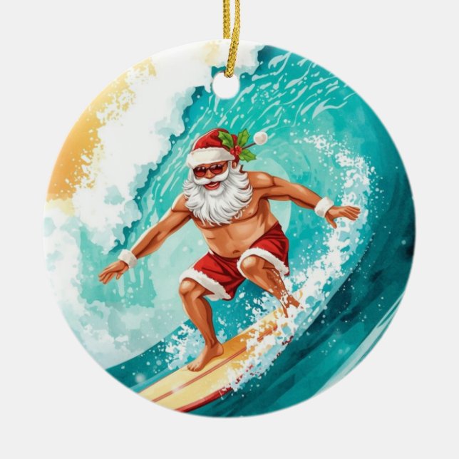 Adorno De Cerámica Surfing Christmas with Santa Claus surfer  (Frente)