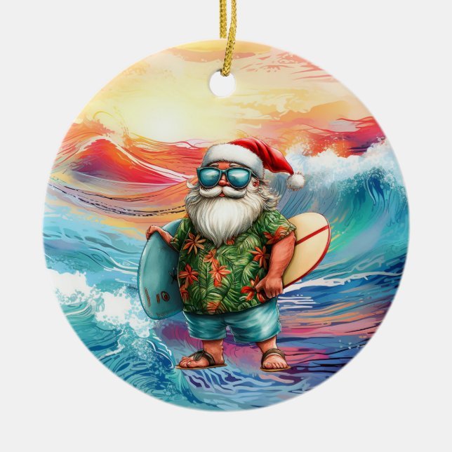Adorno De Cerámica Surfing Christmas with Santa Claus surfer  (Frente)
