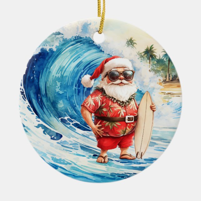 Adorno De Cerámica Surfing Christmas with Santa Claus surfer  (Frente)