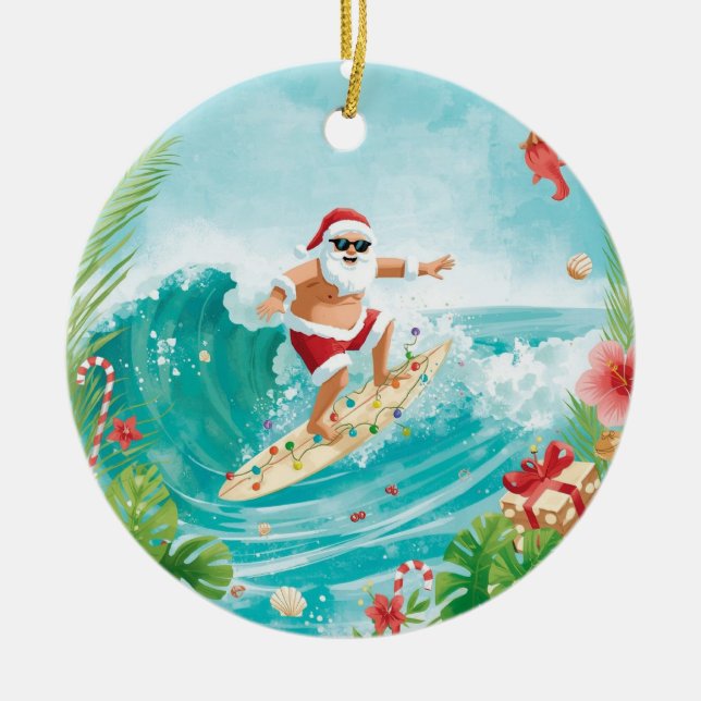Adorno De Cerámica Surfing Christmas with Santa Claus surfer  (Frente)