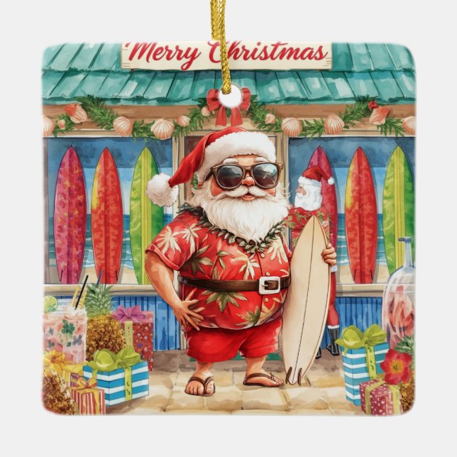 Adorno De Cerámica Surfing Christmas with Santa Claus surfer  Ceramic (Anverso)