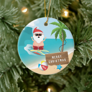 Adorno De Cerámica Surfing Santa Feliz Navidad
