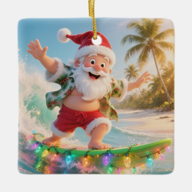 Adorno De Cerámica Surfing Santa Tropical Christmas (Anverso)