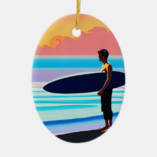 Adorno De Cerámica Surfista en una playa al atardecer