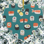 Adorno De Cerámica Sushi<br><div class="desc">Muestra tu amor por los rollos de sushi,  nigiri y maki con este divertido ornamento alternativo de Navidad. Prueba las otras formas para ver cuál prefieres,  o pide una variedad para una decoración cohesionada. Arte original de Nic Squirrell.</div>
