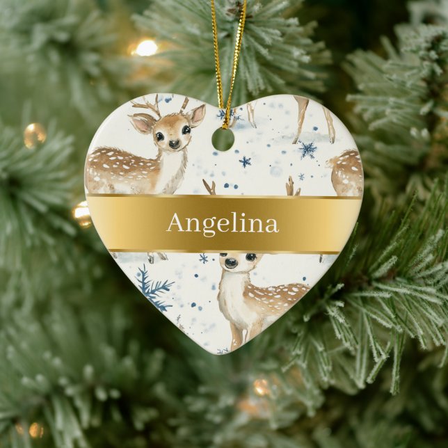 Adorno De Cerámica Sweet Deer Snowflakes Gold Ribbon Christmas (Árbol)