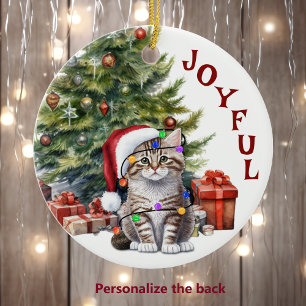 Adorno De Cerámica Tabby Kitty Cat en Navidades ilumina a nieto