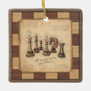 Adorno De Cerámica Tablero de Ajedrez y Piezas de Ajedrez Vintage, Re
