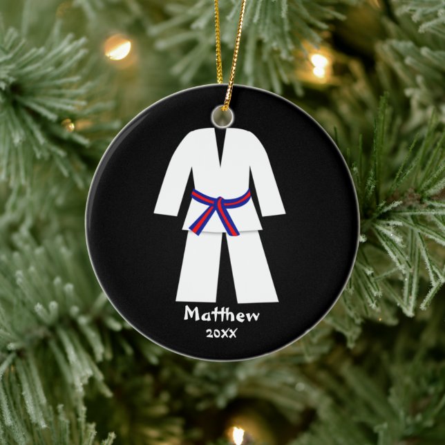 Adorno De Cerámica Taekwondo Karate Azul Cinturón Rojo Personalizado (Árbol)
