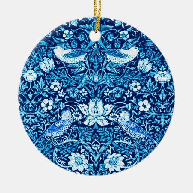 Adorno De Cerámica Tapiz Art Nouveau de aves y flores, azul oscuro (Frente)