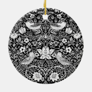 Adorno De Cerámica Tapiz Art Nouveau de aves y flores, blanco y negro
