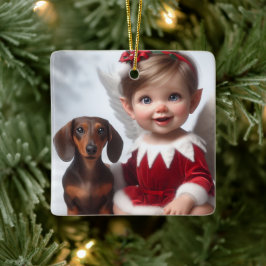 Adorno De Cerámica Tarjeta de bebé elfo de Navidad y dachshund