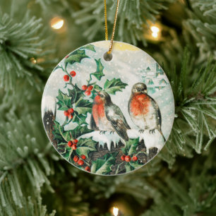 Adorno De Cerámica Tarjeta de Navidad antigua con petirrojos, acebo,