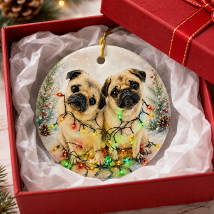 Adorno De Cerámica Tarjeta de Navidad con Corona de Acuarela de Pug