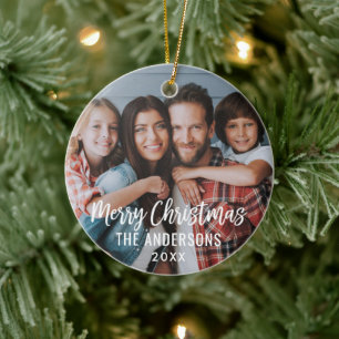 Adorno De Cerámica Tarjeta de Navidad con guión moderno para foto fam
