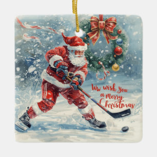 Adorno De Cerámica Tarjeta de Navidad de Hockey de Santa